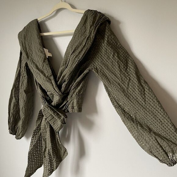 Maeve Anthropologie Crop Deep-V Blouse Waist Tie Green Women's Size 12 - Picture 6 of 13